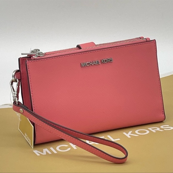 Michael Kors Handbags - Michael Kors Large Double Zip Wallet Wristlet Leather Pink/Gold